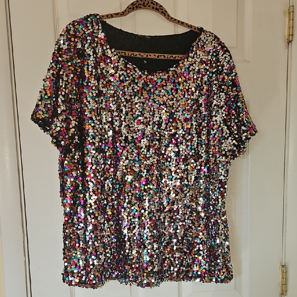 INC International Concepts Multicolor Sequin Short Sleeve Top